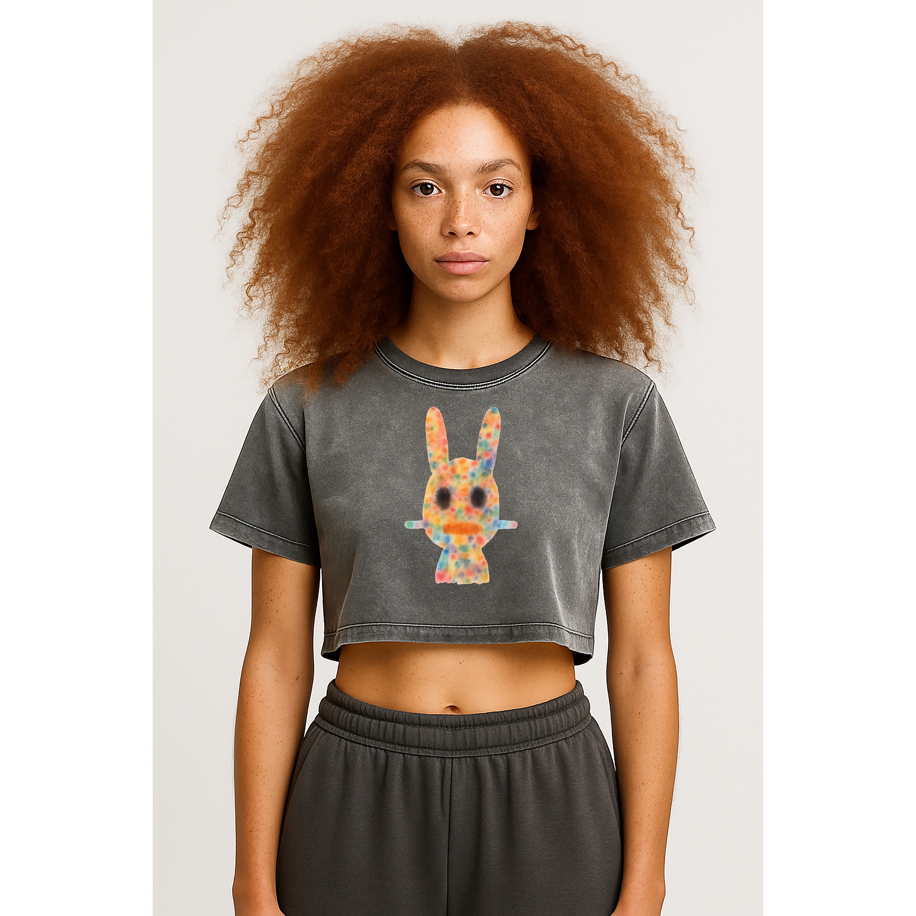 Woman wears antique washed grey cropped tee with multicolor watercolor bunny dogon Mali print at center chest