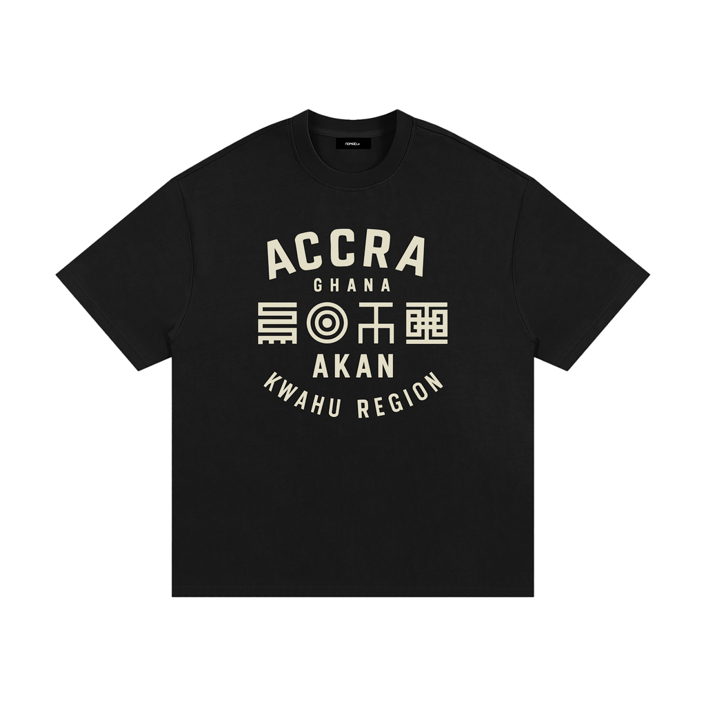 Akan Script Heavyweight Tee in Onyx with Stone print, oversized unisex fit