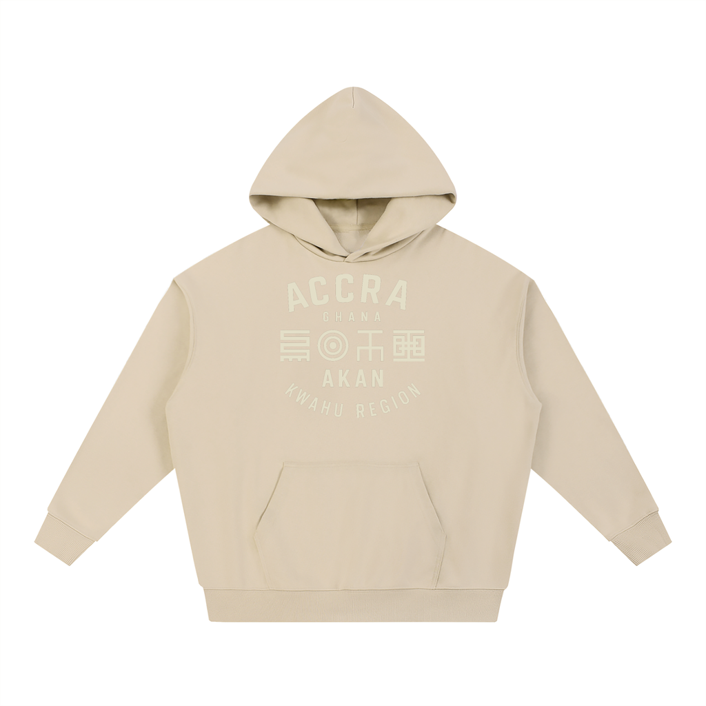nomad_07 Ghana Akan Script Heavyweight Hoodie in Sand with Stone DTG print featuring Adinkra-inspired symbols across the chest
