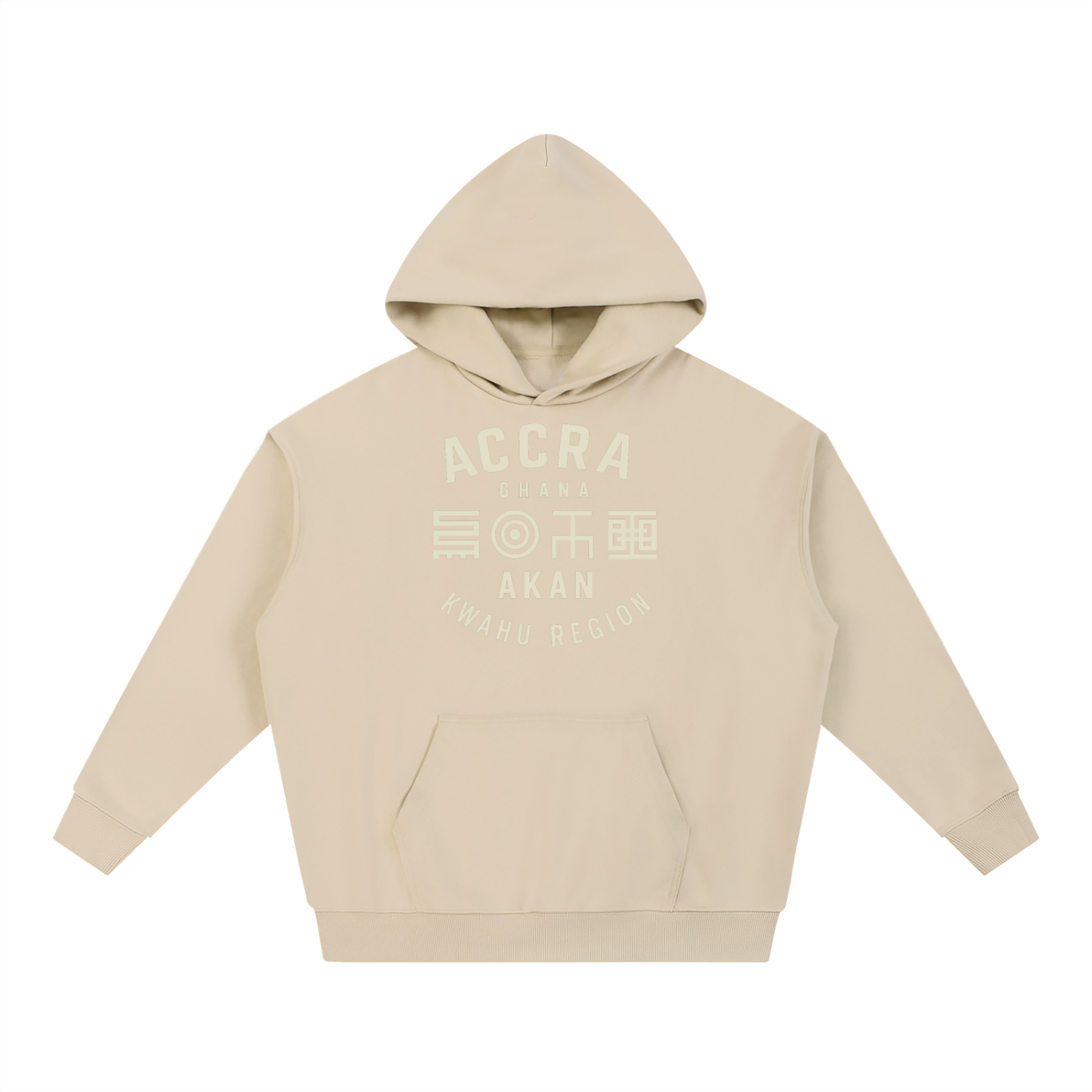 nomad_07 Ghana Akan Script Heavyweight Hoodie in Sand with Stone DTG print featuring Adinkra-inspired symbols across the chest