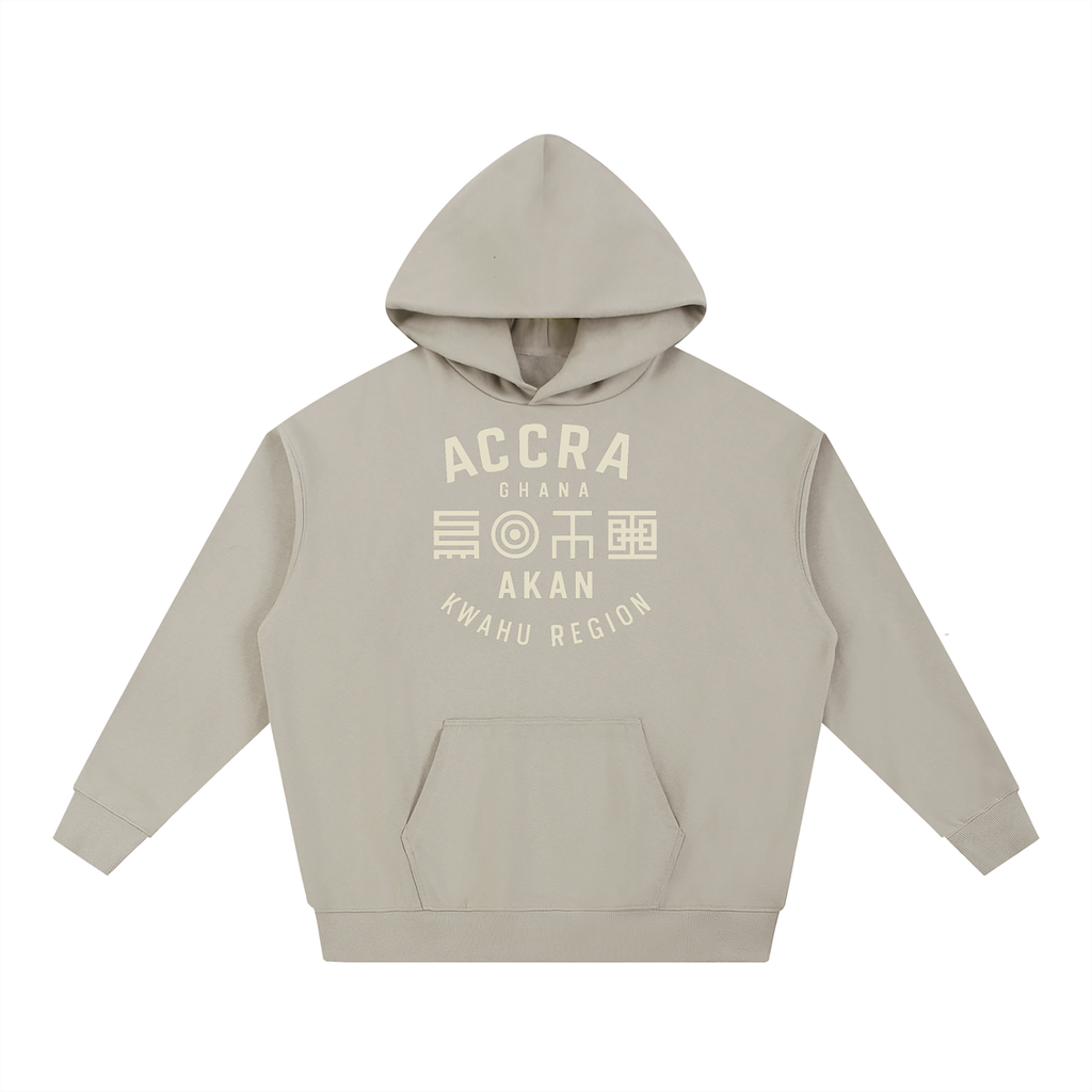 Akan Script Heavyweight Hoodie in Ash Grey with Stone DTG print featuring Adinkra-inspired symbols across the chest