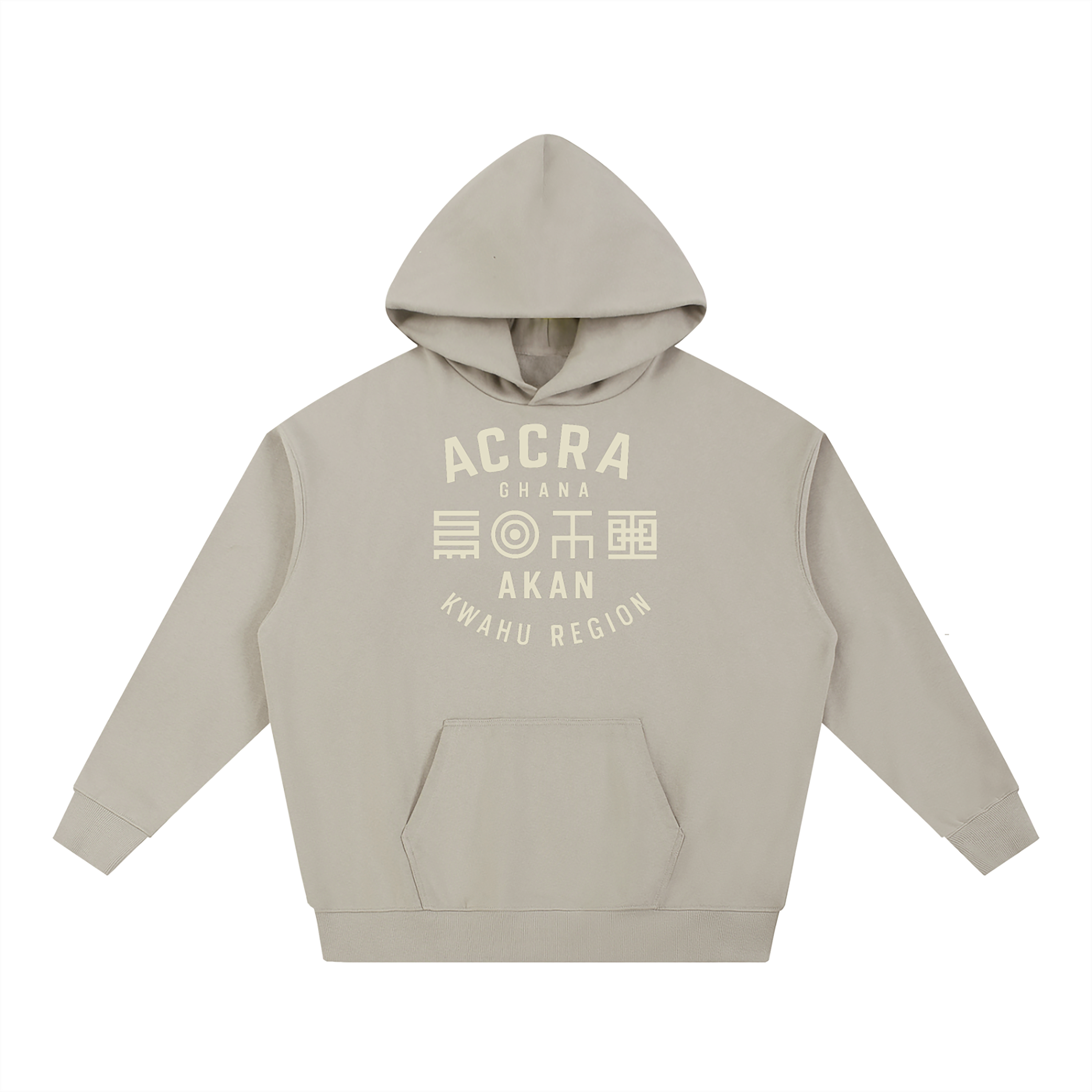 Akan Script Heavyweight Hoodie in Ash Grey with Stone DTG print featuring Adinkra-inspired symbols across the chest