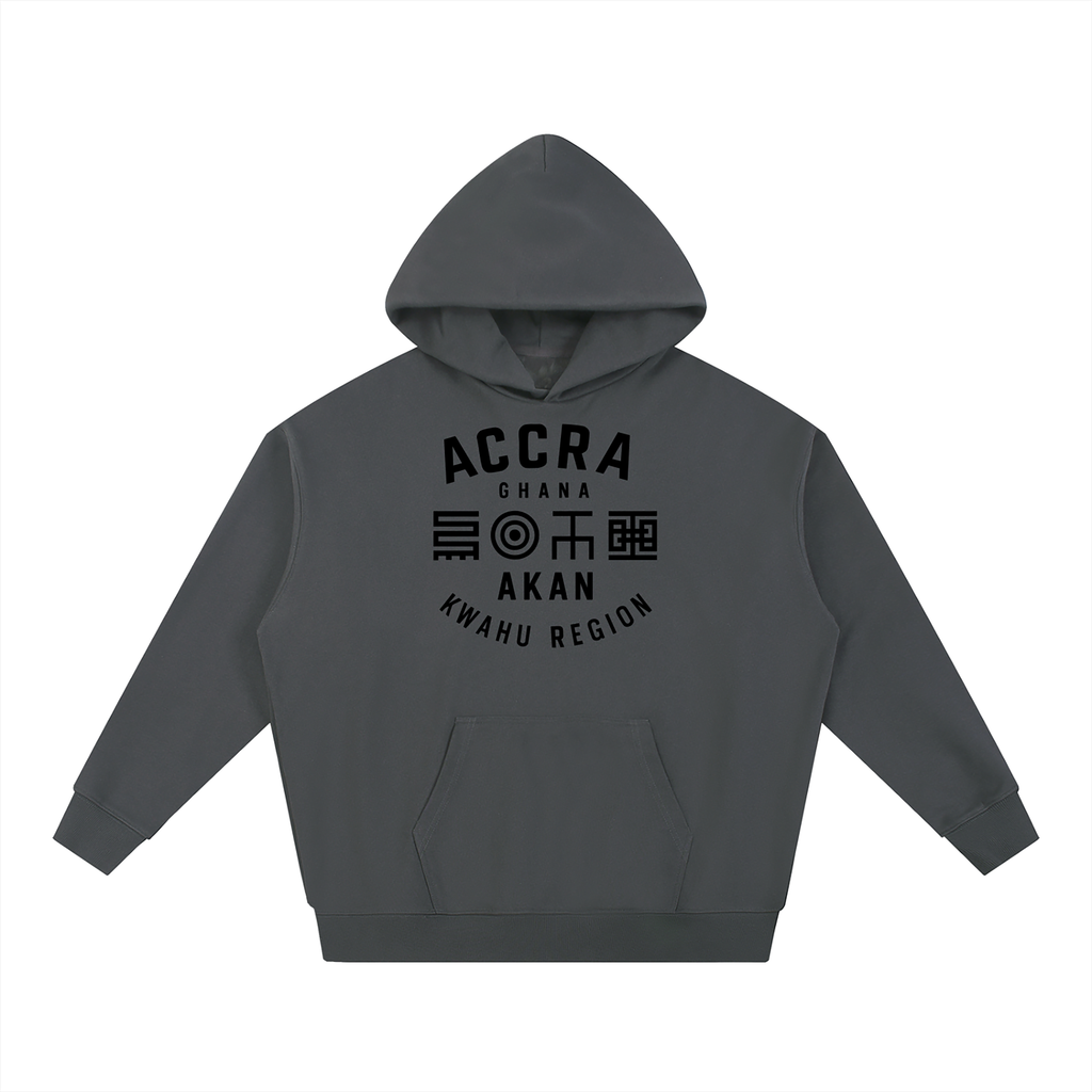 Akan Script Heavyweight Hoodie in Dark Ash with tonal Adinkra-inspired graphic celebrating Accra and Akan cultural symbolism