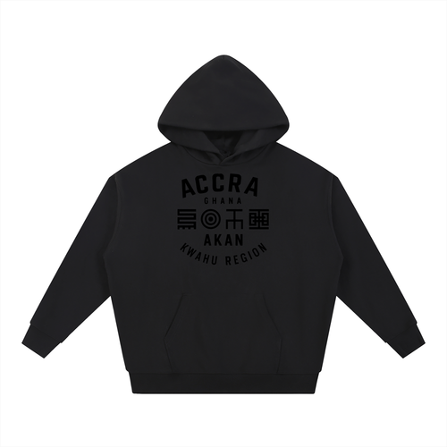 Akan Script Heavyweight Hoodie in Onyx with tonal Adinkra-inspired graphic honoring Accra and Akan heritage.