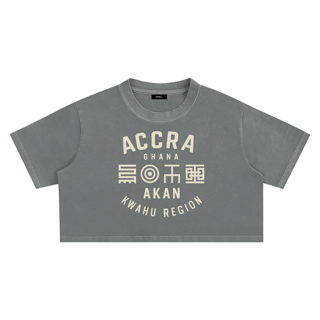 nomad_07 women's cropped Solar Patina t-shirt in Ash Grey with Ghana Script graphic front view