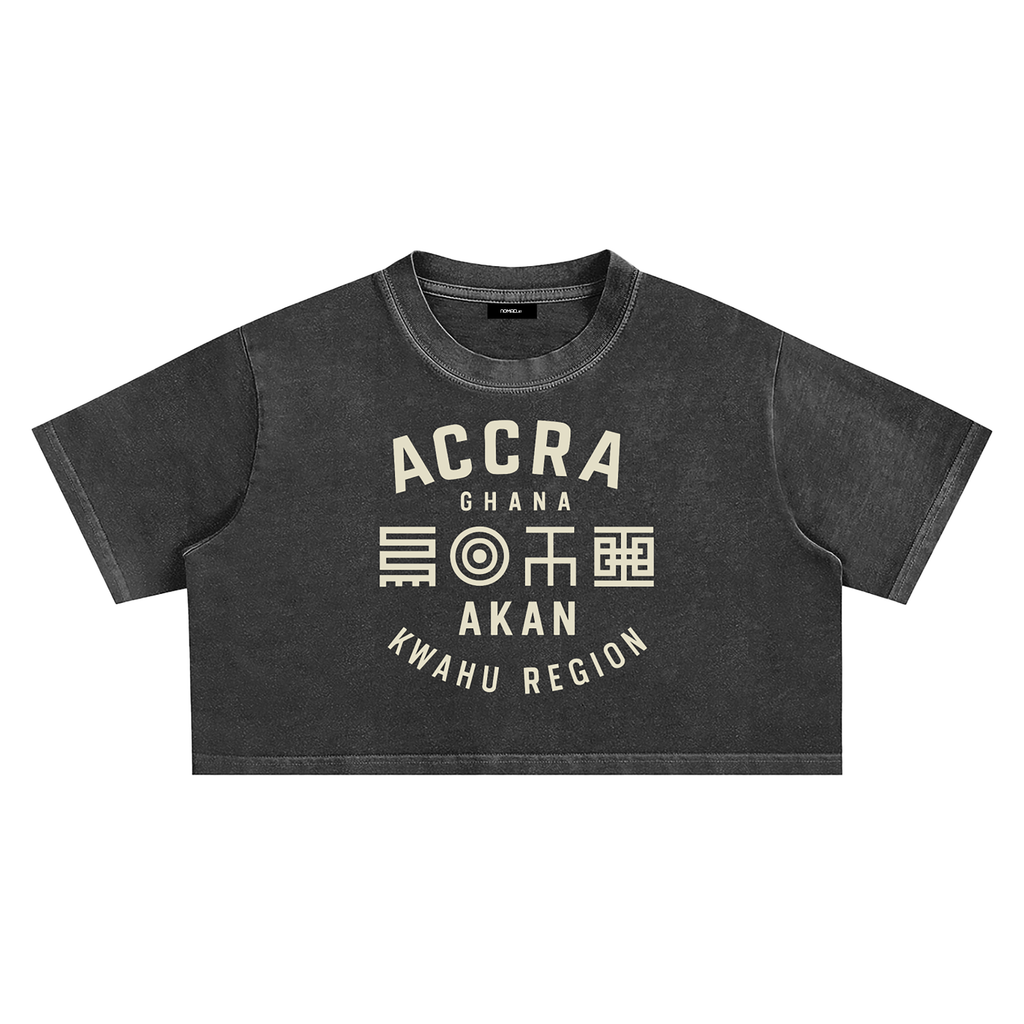 nomad_07 women's cropped Solar Patina t-shirt in Onyx Black with Ghana Akan Script graphic front view