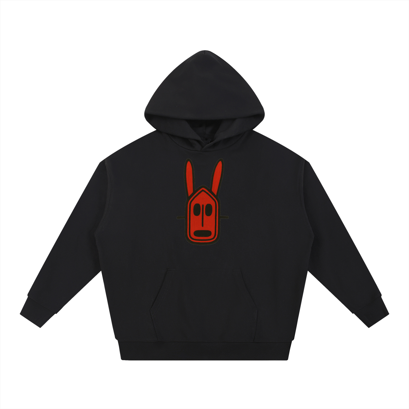 Onyx Black Crimson Spirit Heavyweight Hoodie with a bold red Dogon rabbit mask graphic inspired by Malian spiritual tradition.