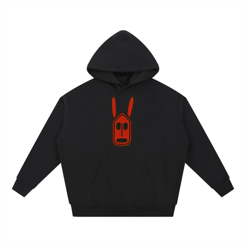 Onyx Black Crimson Spirit Heavyweight Hoodie with a bold red Dogon rabbit mask graphic inspired by Malian spiritual tradition.