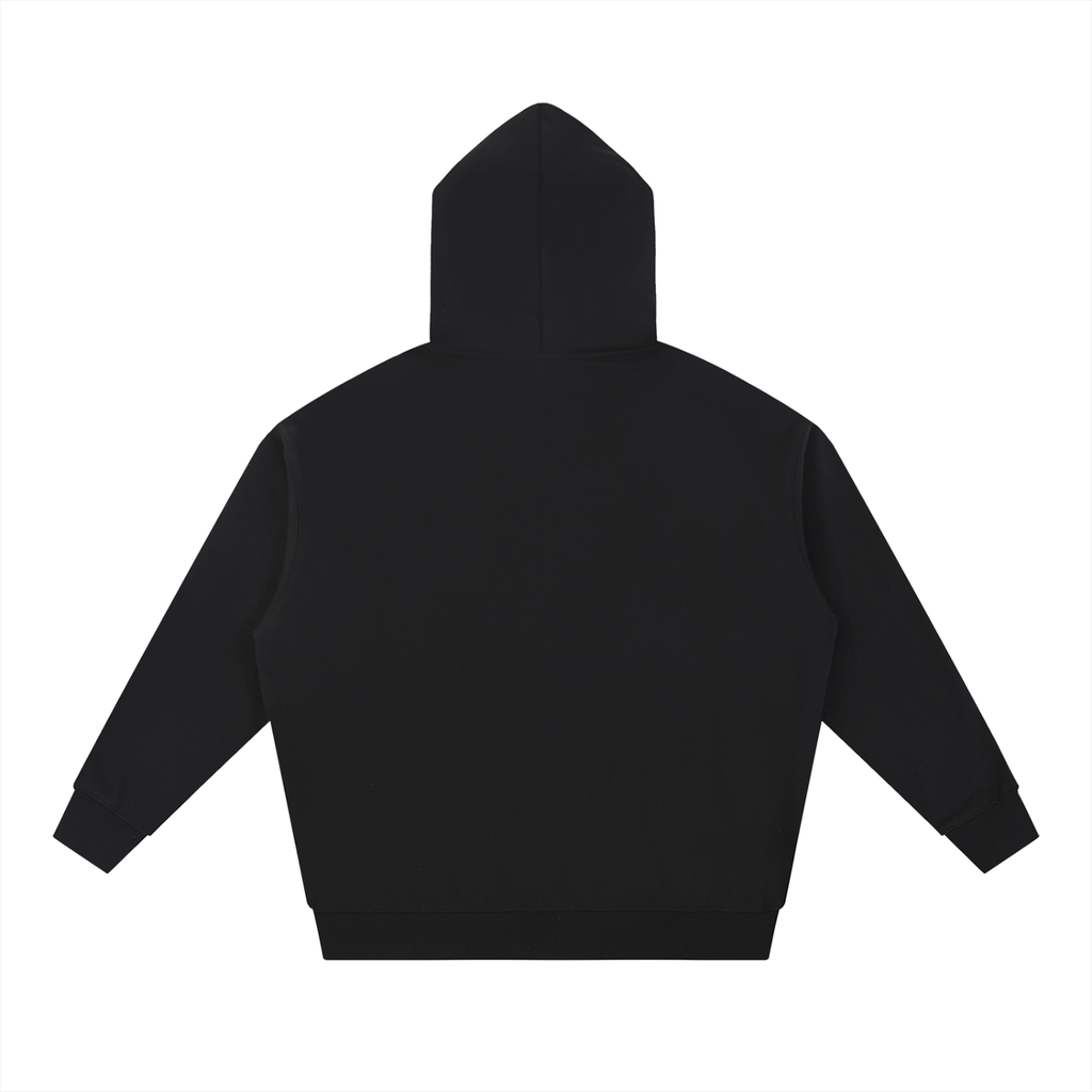 Onyx Black Crimson Spirit Heavyweight Hoodie with a bold red Dogon rabbit mask graphic inspired by Malian spiritual tradition, back view