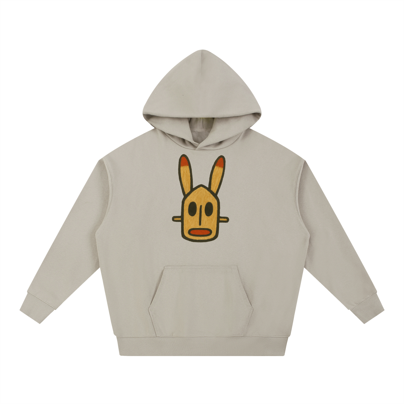 Ash Grey Dogon Brush Heavyweight Hoodie featuring a hand-brushed Dogon rabbit mask graphic in warm, painterly tones on a relaxed, oversized hoodie.
