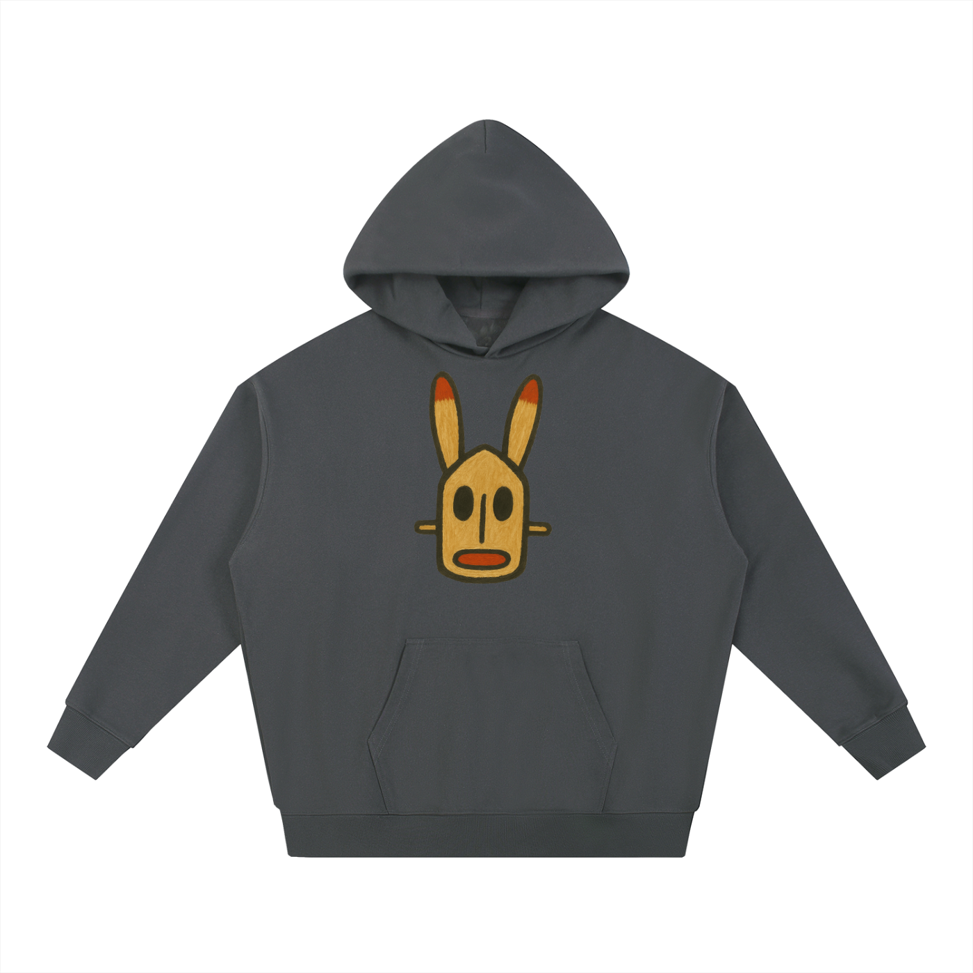 Dark Ash Grey Dogon Brush Heavyweight Hoodie featuring a hand-brushed Dogon rabbit mask graphic in warm, painterly tones on a relaxed, oversized hoodie.