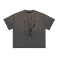 nomad_07 unisex Dark Ash raw edge tee with tonal Dogon Drift graphic front view