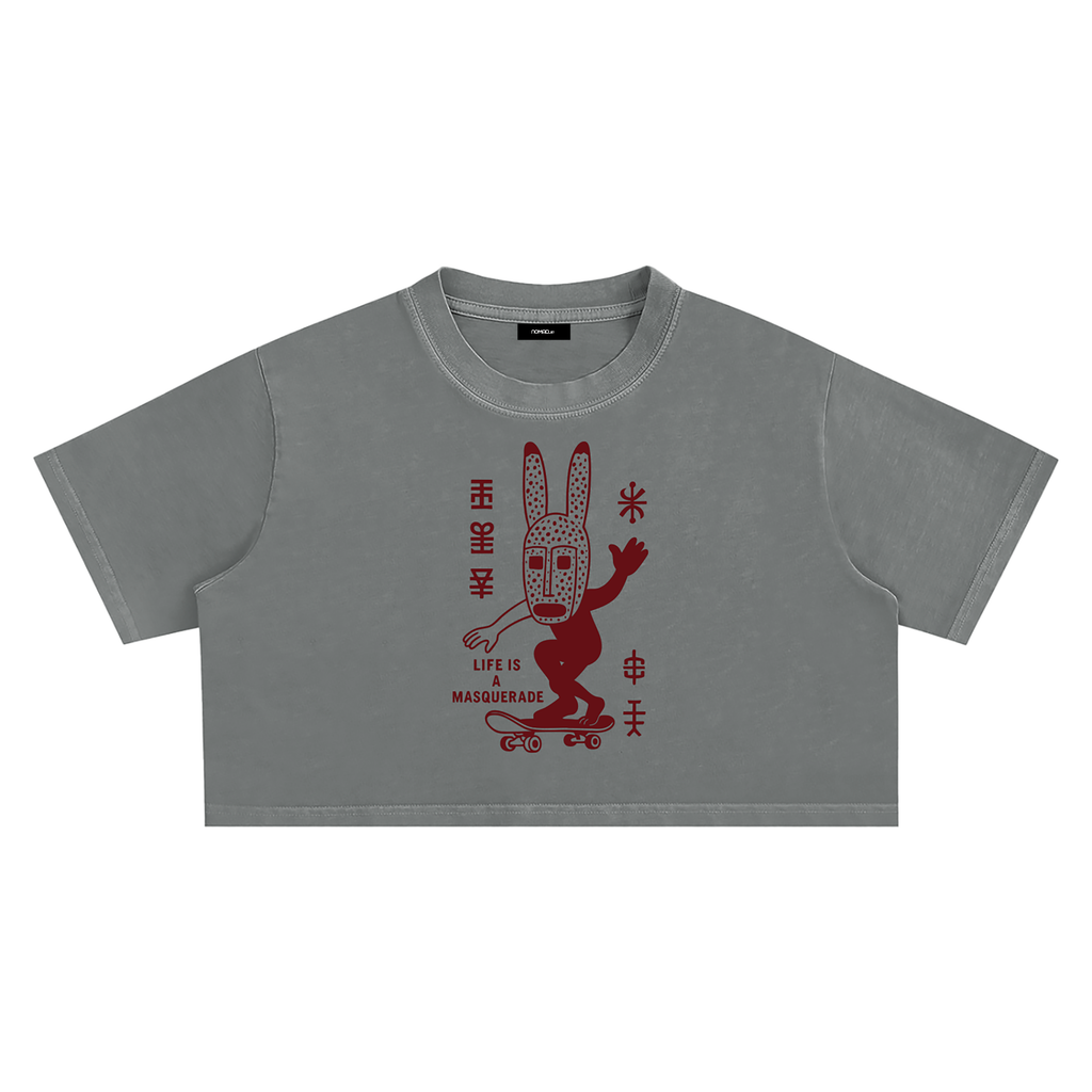 nomad_07 women's cropped Solar Patina t-shirt in Ash Grey with Dogon Drift skater graphic front view