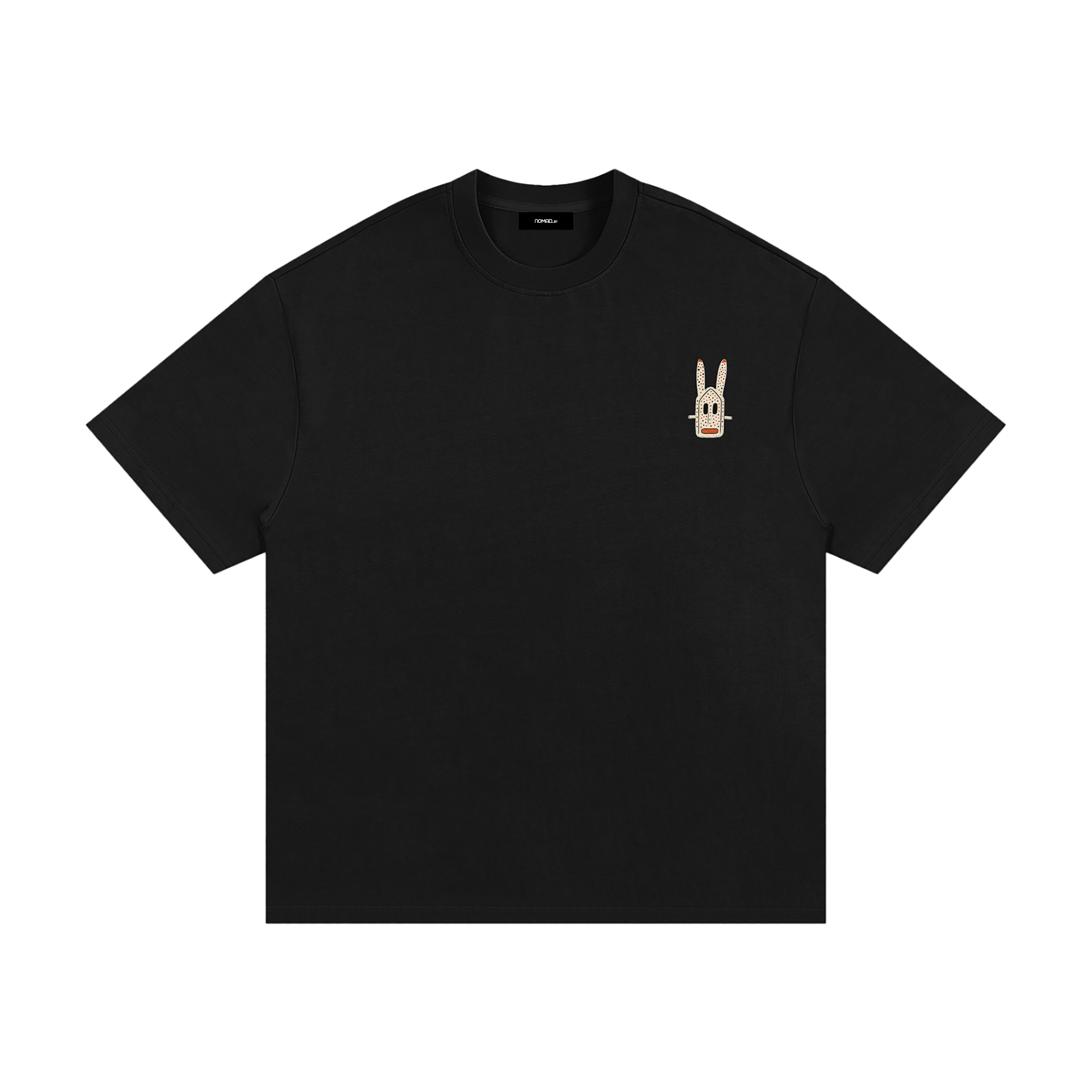 Unisex Onyx heavyweight T-shirt with small Dogon Rabbit chest graphic in cultural fusion style.