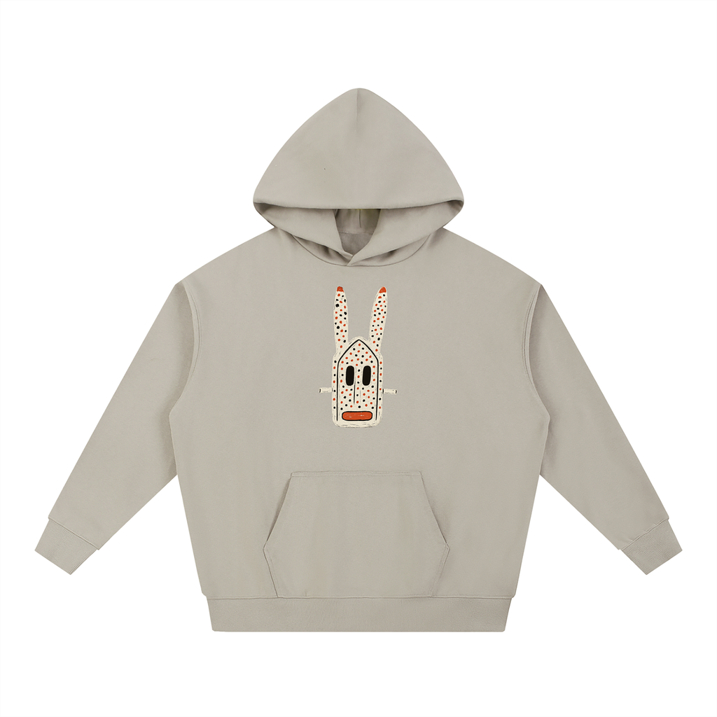 nomad_07 unisex Ash Grey heavyweight hoodie with Dogon Rabbit graphic front view