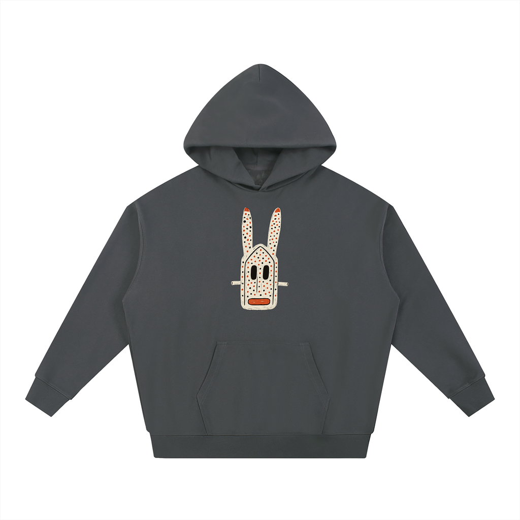 nomad_07 unisex Dark Ash heavyweight hoodie with Dogon Rabbit graphic front view