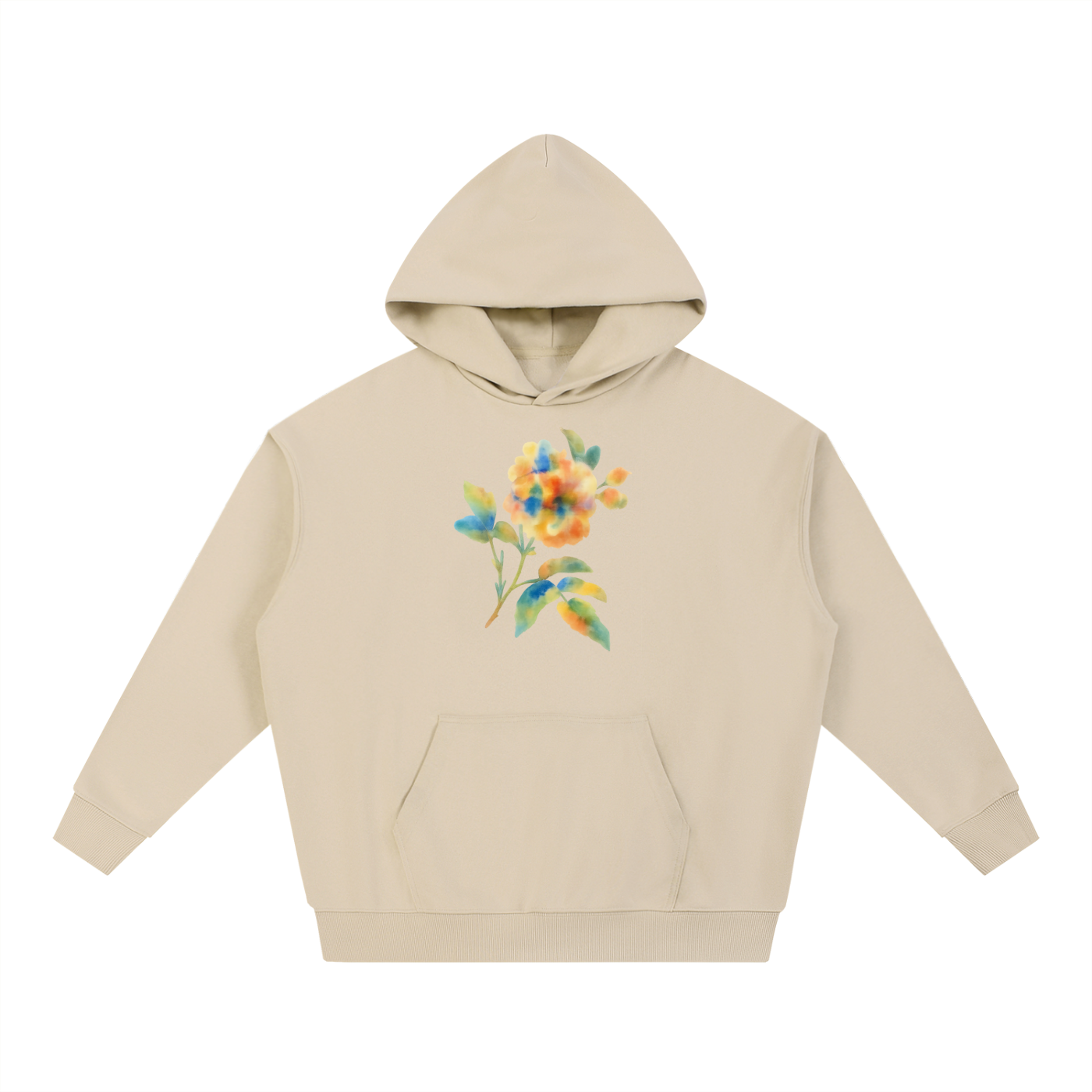 Sand Beige Floral Residue heavyweight hoodie with multicolor watercolor floral graphic.