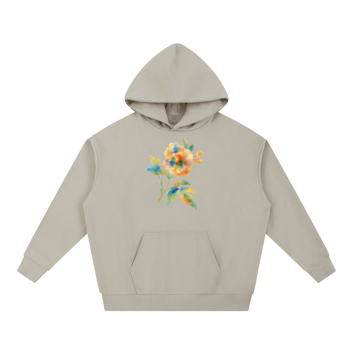 Ash Grey Floral Residue heavyweight hoodie with multicolor watercolor floral graphic.
