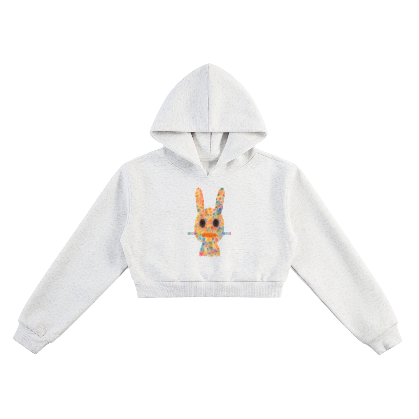 Stonewash Ink Drip Cropped Hoodie in light grey featuring an abstract watercolor Dogon mask graphic at the center.