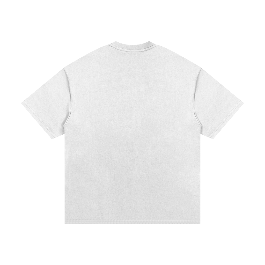 Back view of Ink Drip Heavyweight Tee in clean heavyweight silhouette in White