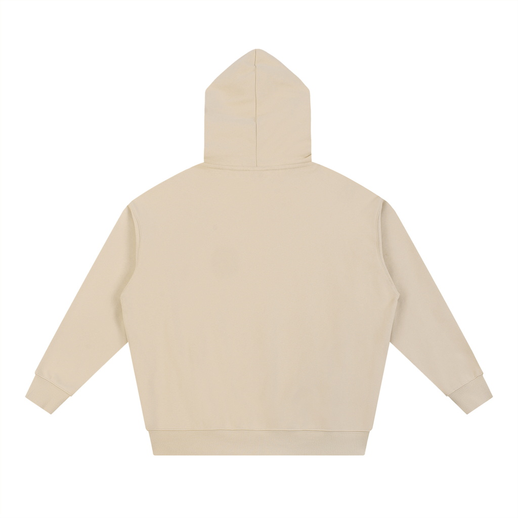 Sand Ink Drip heavyweight hoodie with abstract watercolor Dogon-inspired graphic, back view.