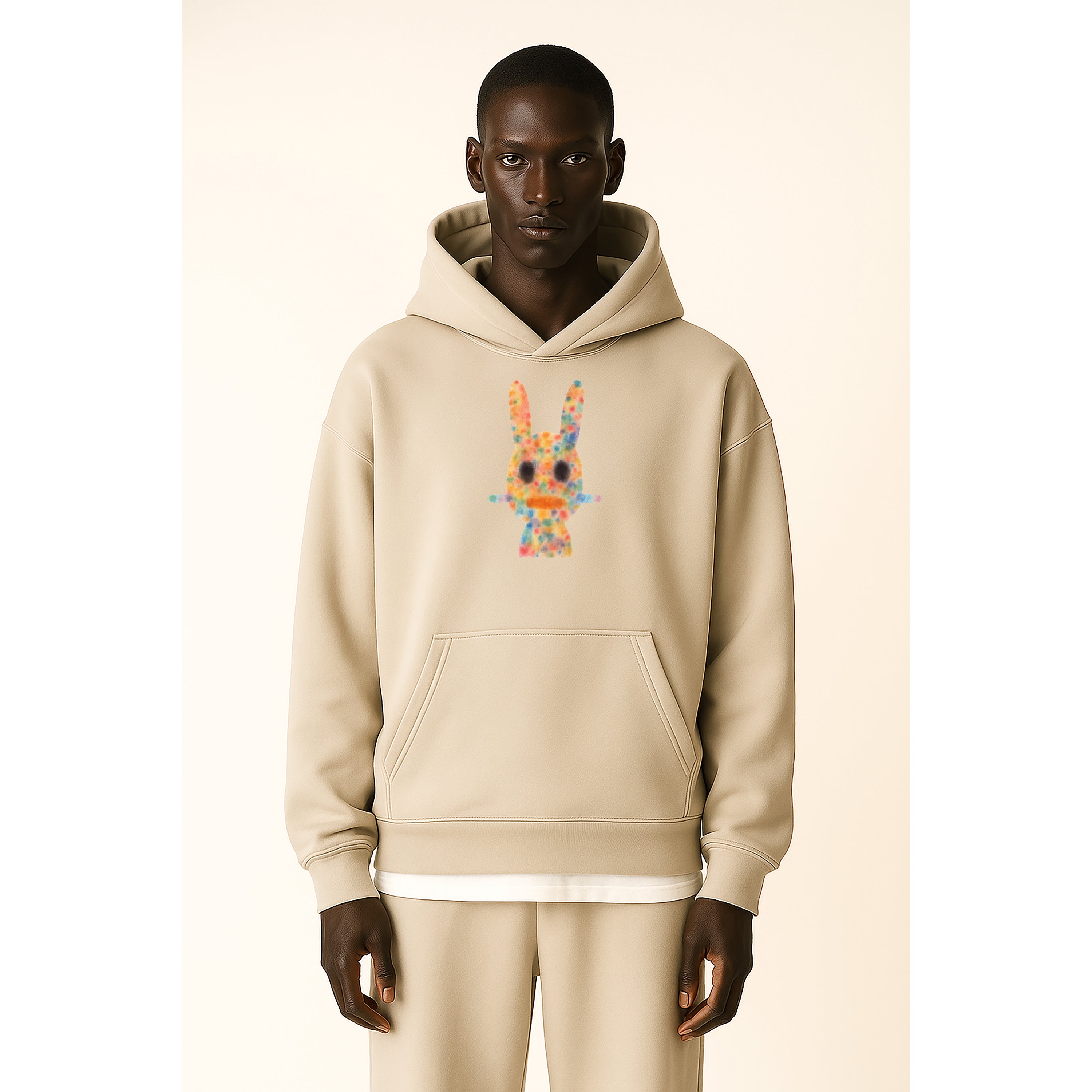 Model wears watercolor print Dogon rabbit hoodie in beige with sweatpants