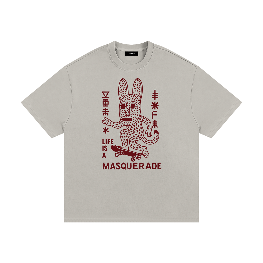 nomad_07 Masquerade_07 heavyweight tee in Smoke Clay with Crimson Dogon-inspired graphic