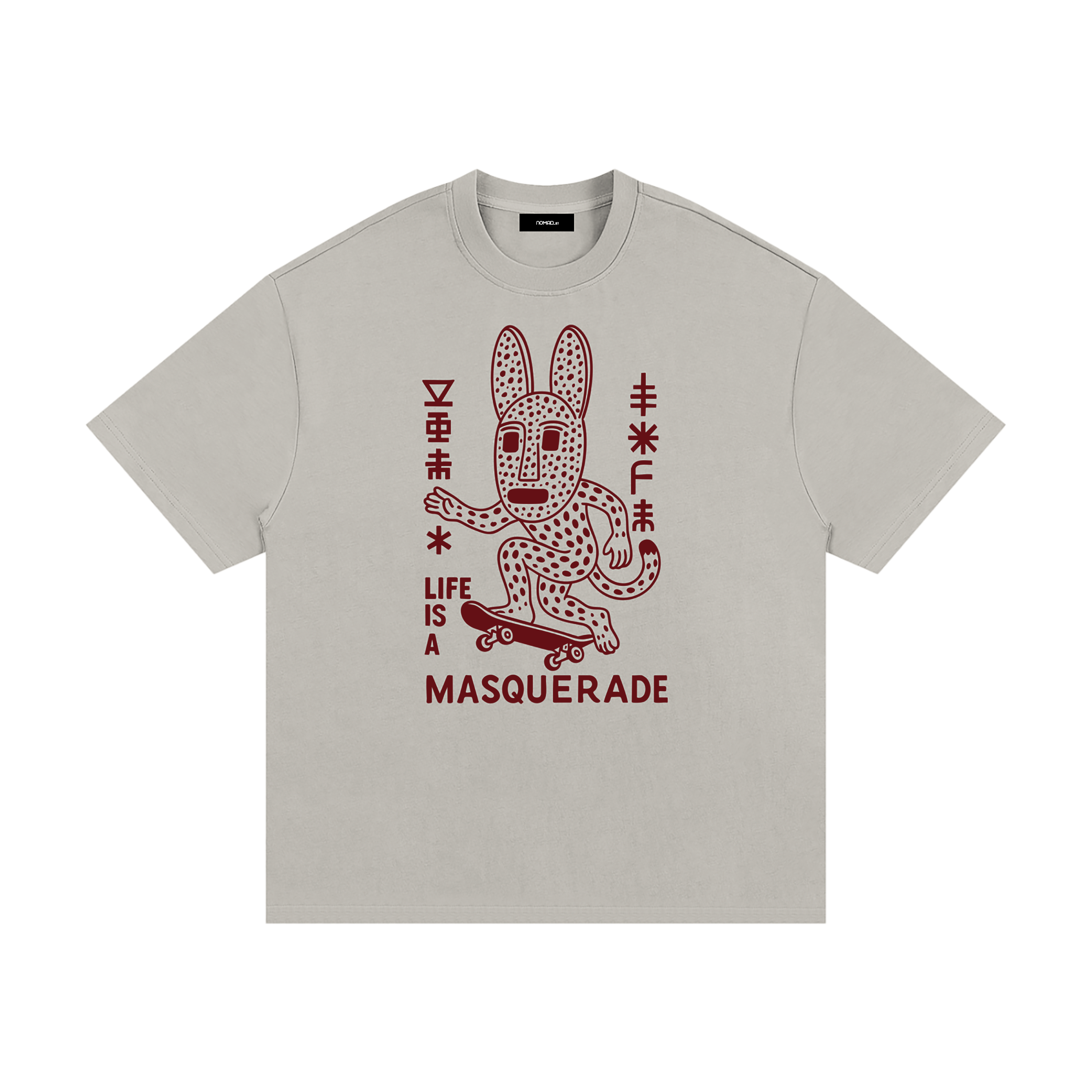 nomad_07 Masquerade_07 heavyweight tee in Smoke Clay with Crimson Dogon-inspired graphic