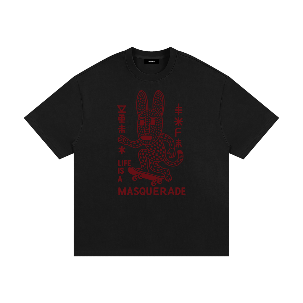 nomad_07 Masquerade_07 heavyweight tee in Onyx with Crimson Dogon-inspired graphic