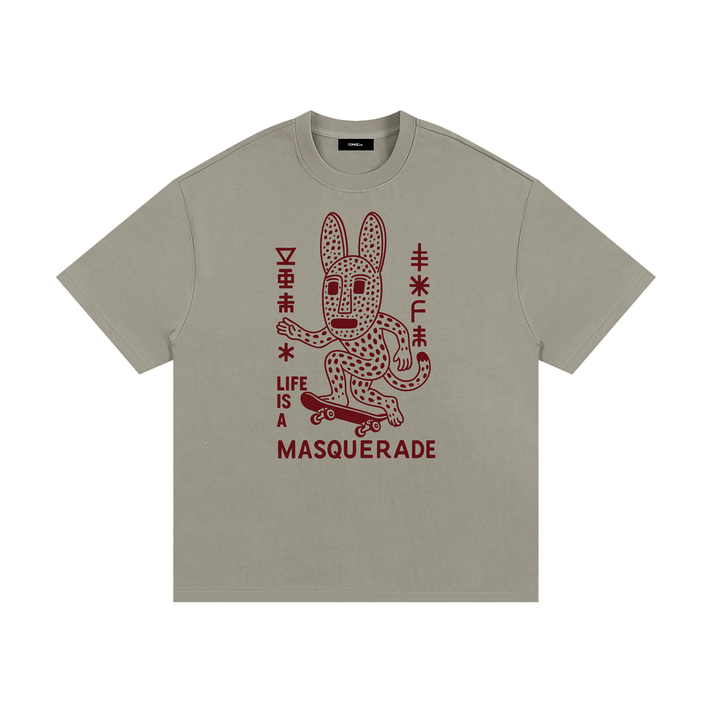 nomad_07 Masquerade_07 heavyweight tee in Dark Clay with Crimson Dogon-inspired graphic