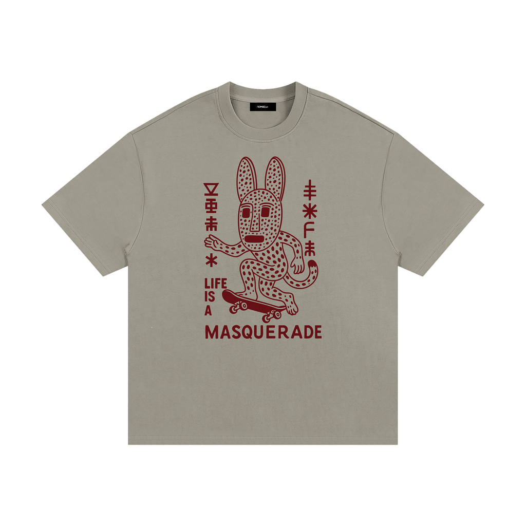 nomad_07 Masquerade_07 heavyweight tee in Dark Clay with Crimson Dogon-inspired graphic
