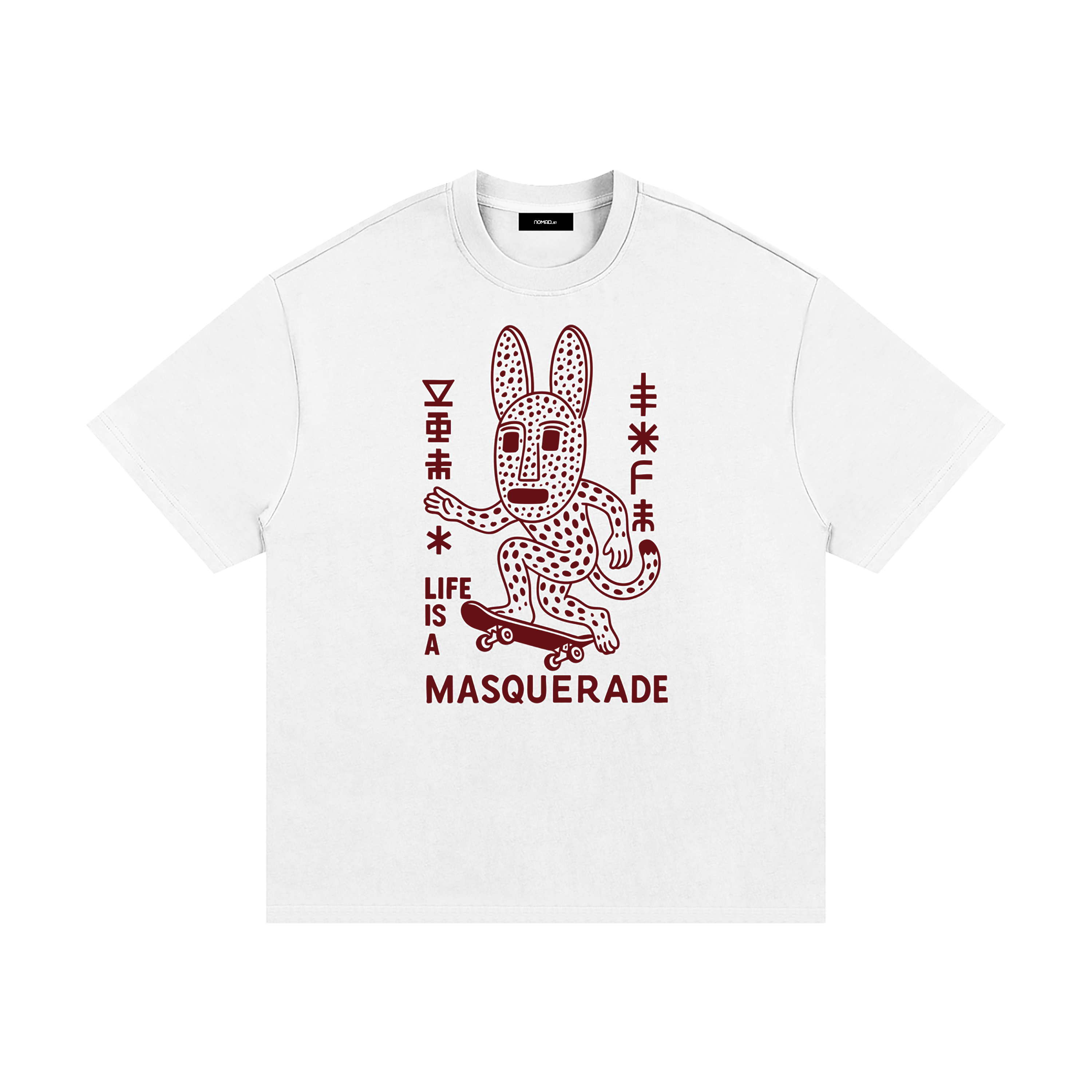 nomad_07 Masquerade_07 heavyweight tee in Chalk white with Crimson Dogon-inspired graphic