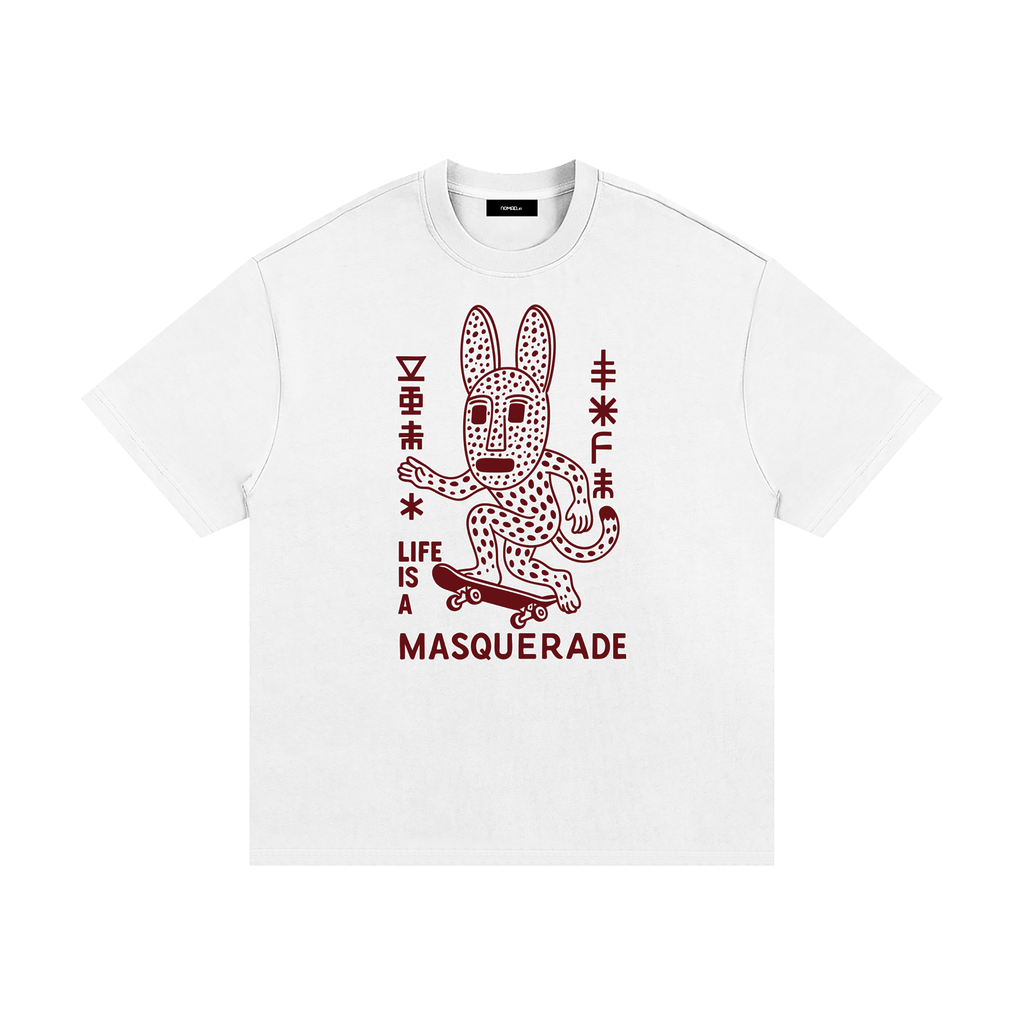 nomad_07 Masquerade_07 heavyweight tee in Chalk with Crimson Dogon-inspired graphic
