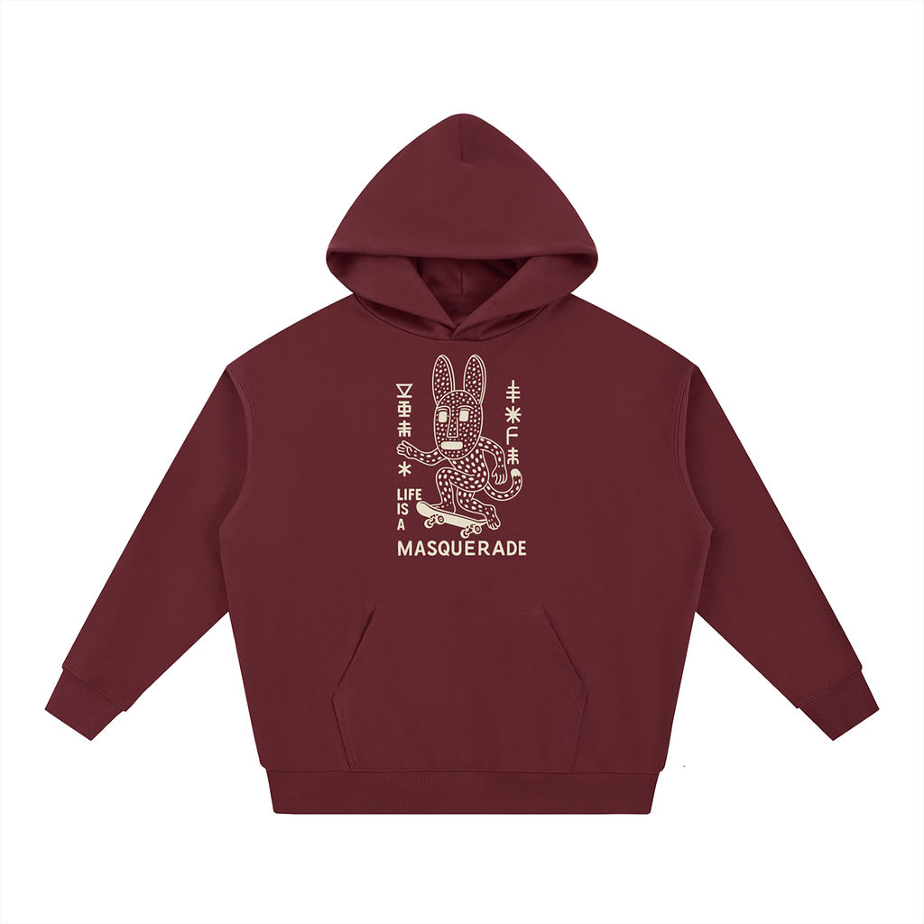 nomad_07 Masquerade_07 heavyweight hoodie in Crimson with Stone Dogon-inspired graphic print