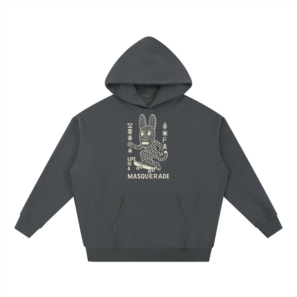 nomad_07 Masquerade_07 heavyweight hoodie in Dark Ash with Stone Dogon-inspired graphic print
