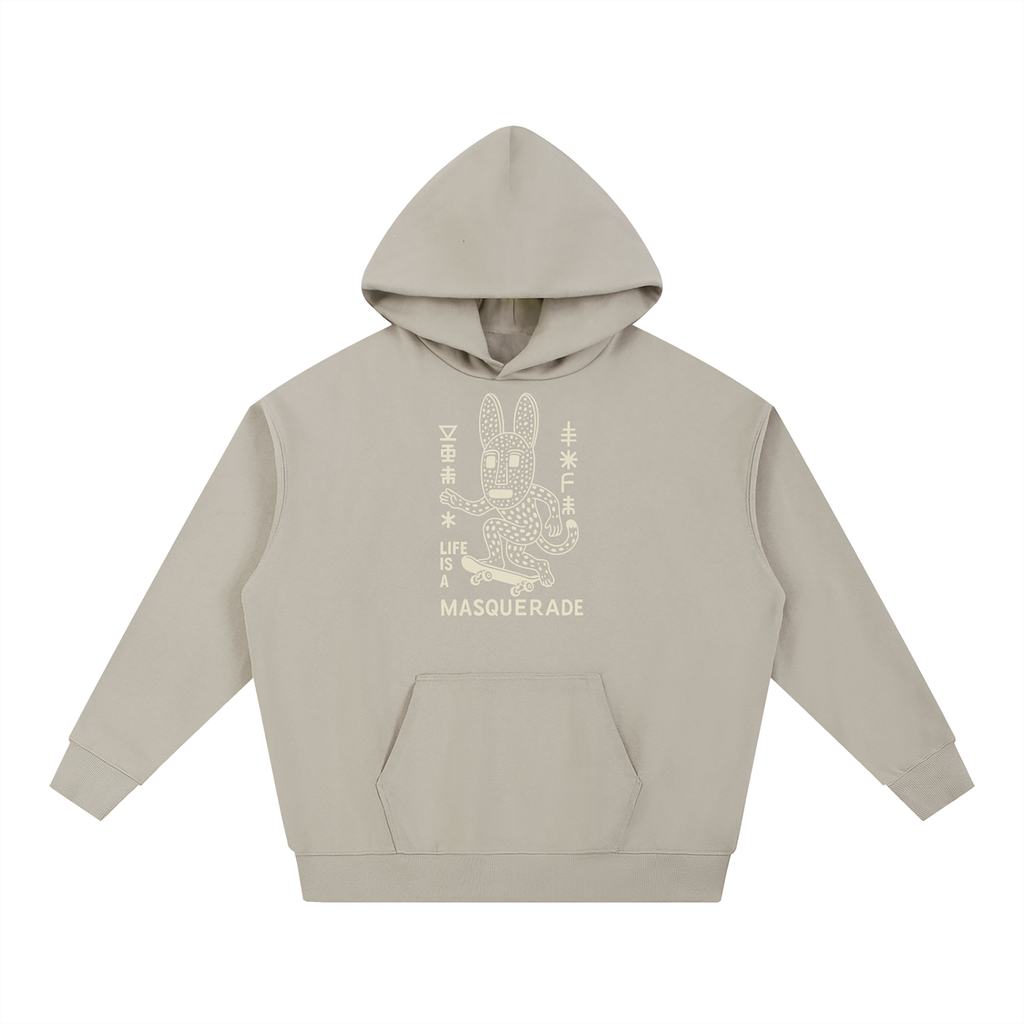 nomad_07 Masquerade_07 heavyweight hoodie in Ash Grey with Stone Dogon-inspired graphic print