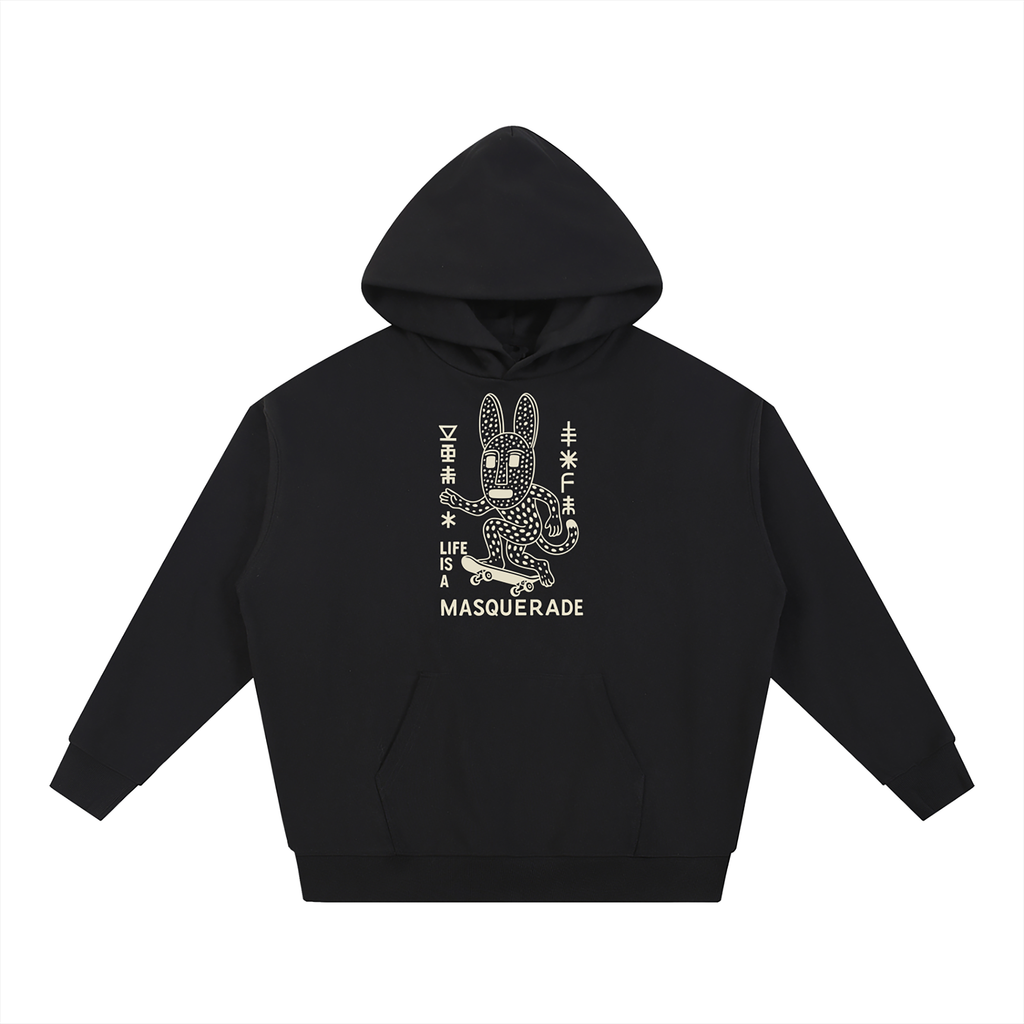 nomad_07 Masquerade_07 heavyweight hoodie in Onyx with Stone Dogon-inspired graphic print
