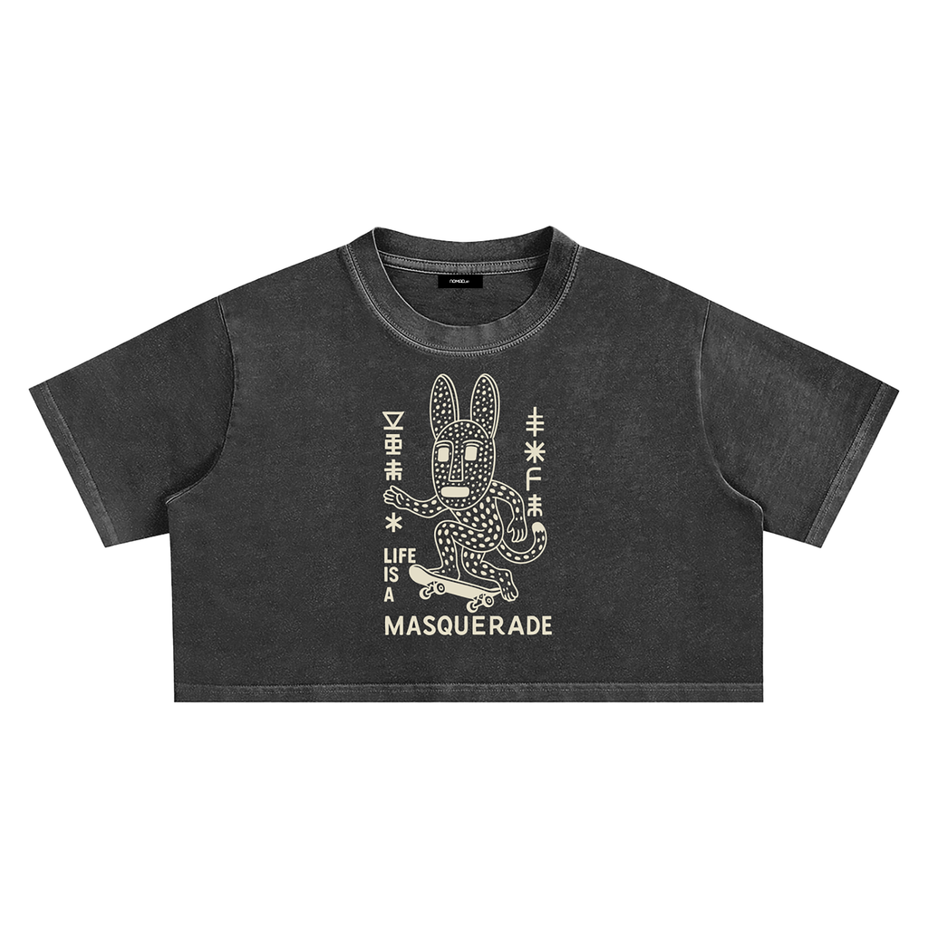 nomad_07 women's cropped Solar Patina t-shirt in Onyx with Masquerade_07 Dogon-Adinkra fusion graphic front view