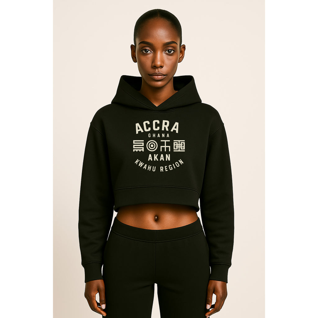 Model wearing nomad_07 women's cropped hoodie in Onyx with Akan Script Adinkra-Japanese fusion graphic front view