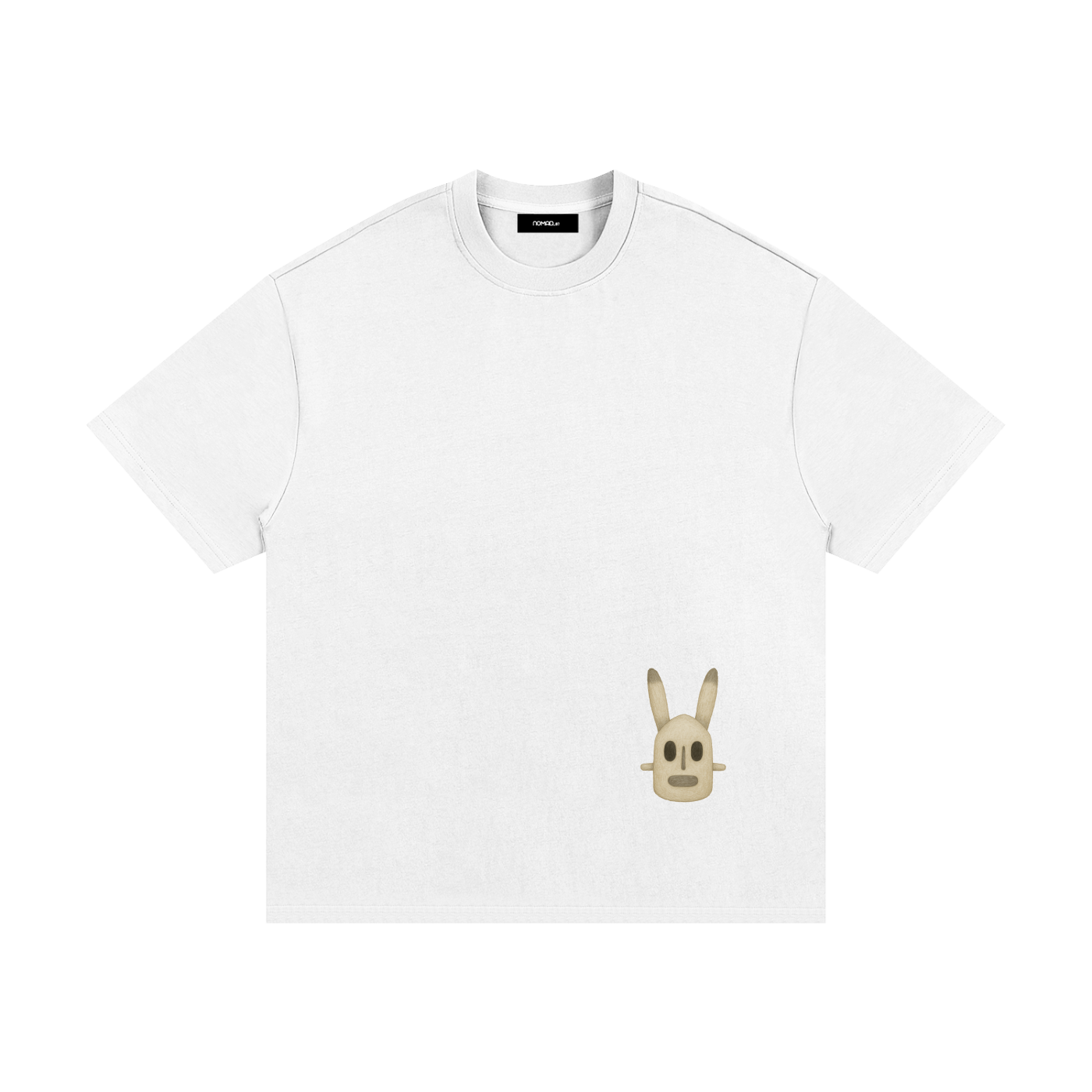 Front view of White Phantom_07 Heavyweight Tee with small hand-sketched Dogon mask illustration near the hem