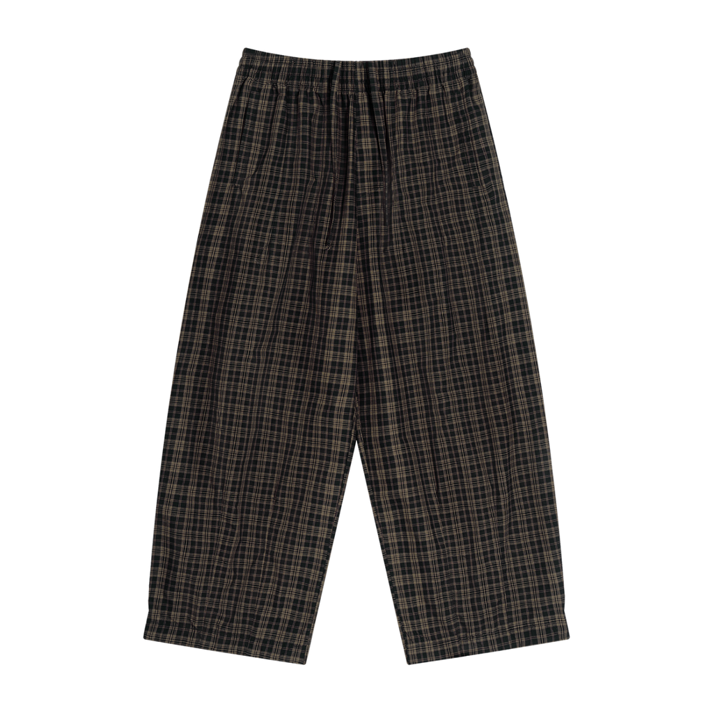 A pair of wide-leg trousers featuring a dark brown and black plaid pattern with thin beige lines, displayed flat against a solid white background.