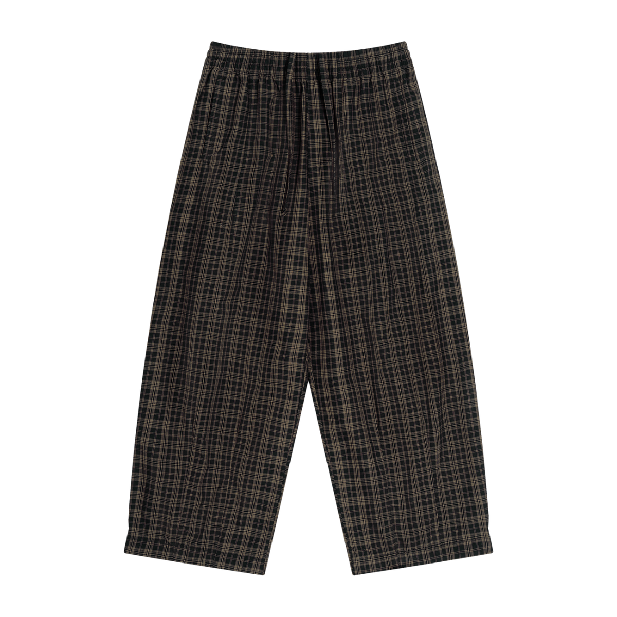 A pair of wide-leg trousers featuring a dark brown and black plaid pattern with thin beige lines, displayed flat against a solid white background.
