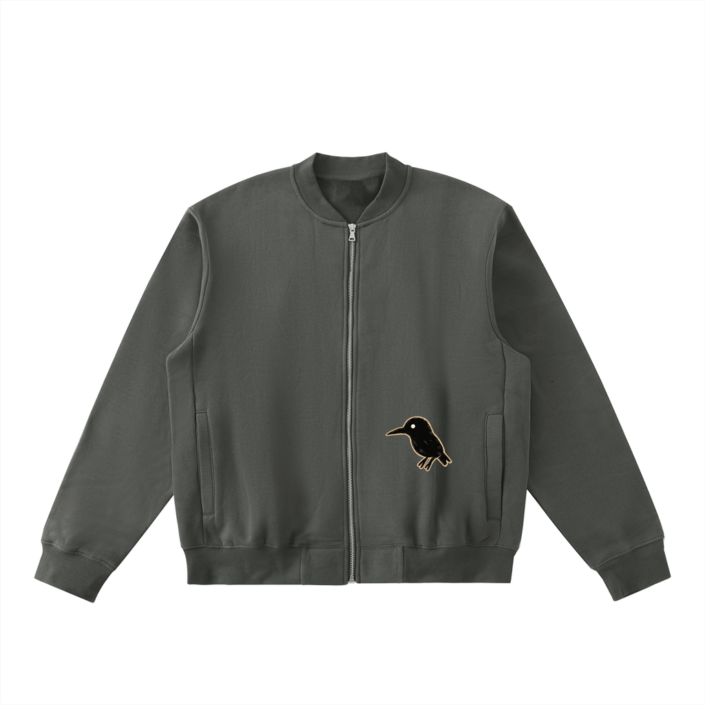 Dark Grey Essential Zip-Up Fleeced Varsity Jacket