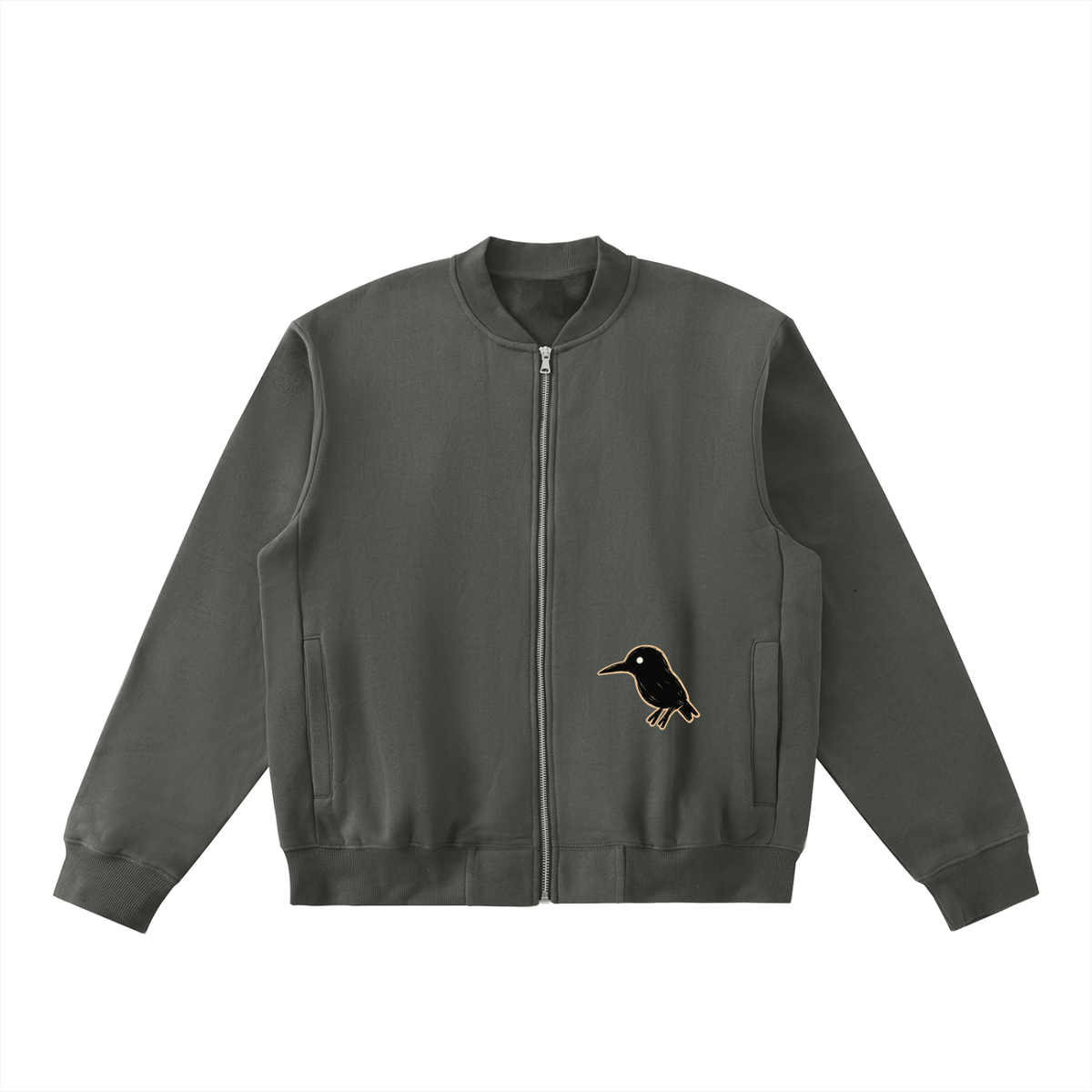 Dark Grey Essential Zip-Up Fleeced Varsity Jacket