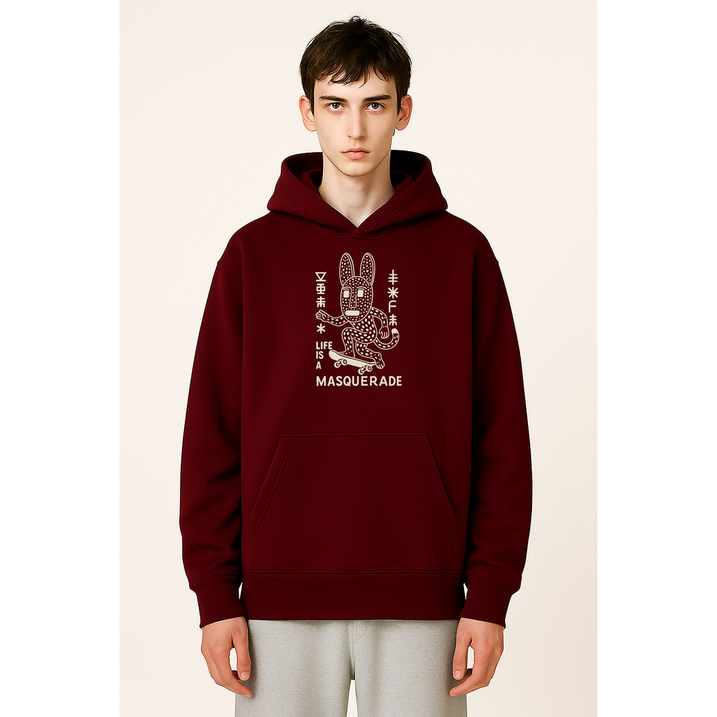 A model wears nomad_07 Masquerade_07 heavyweight hoodie in Crimson with Stone Dogon-inspired graphic print