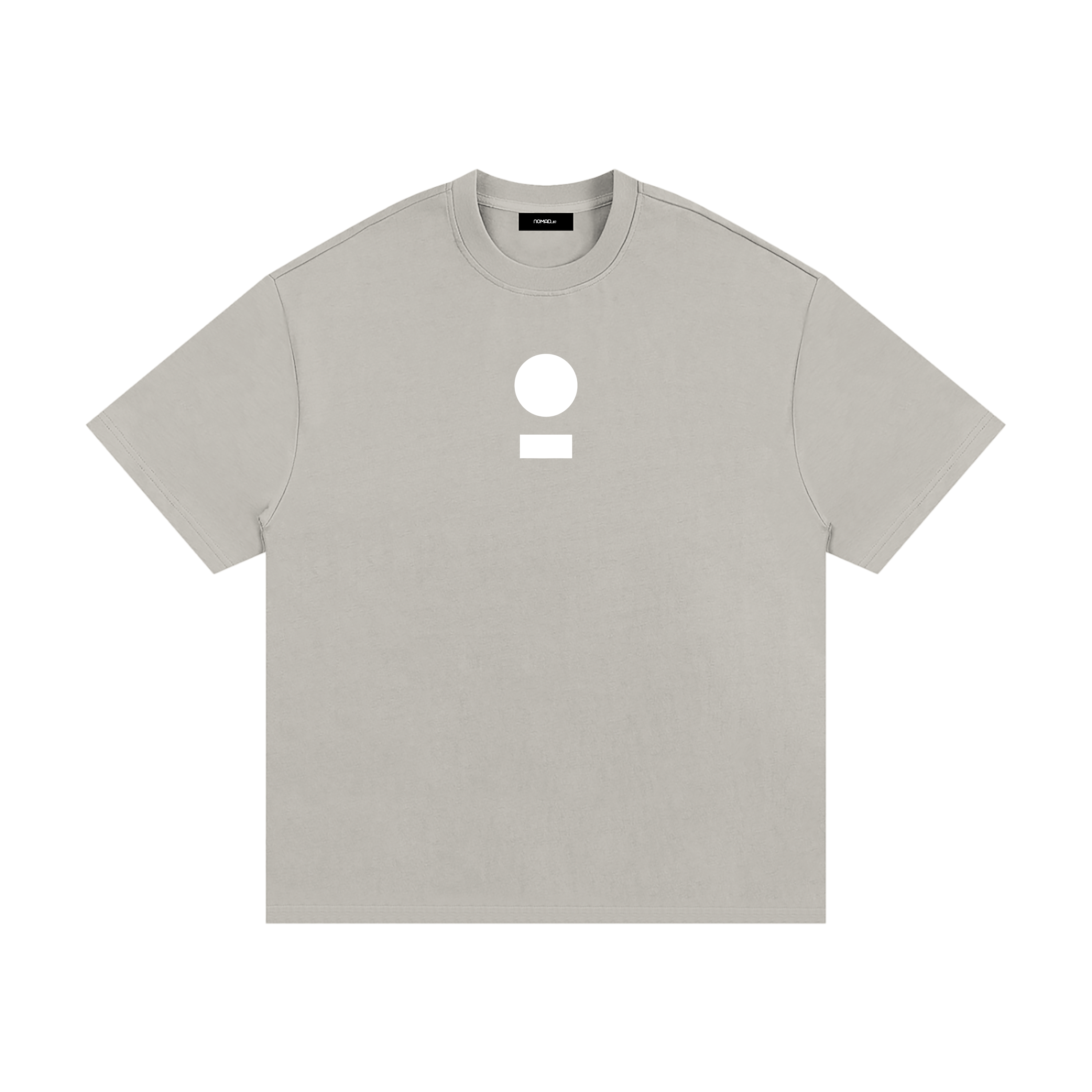 nomad_07 Logo Heavyweight Tee in Smoke Clay with centered core logo, oversized unisex silhouette.
