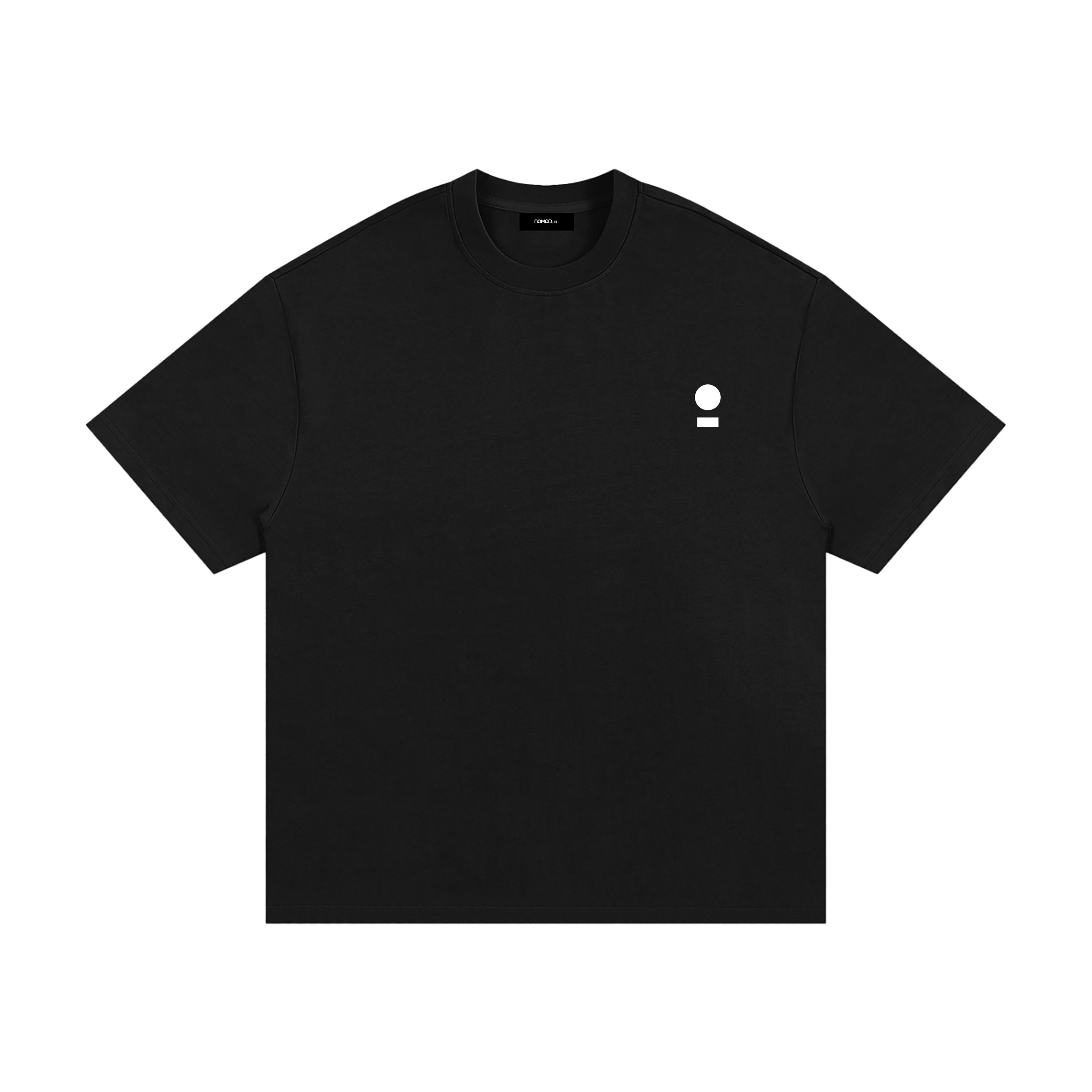 nomad_07 heavyweight onyx t-shirt with white world and path chest logo