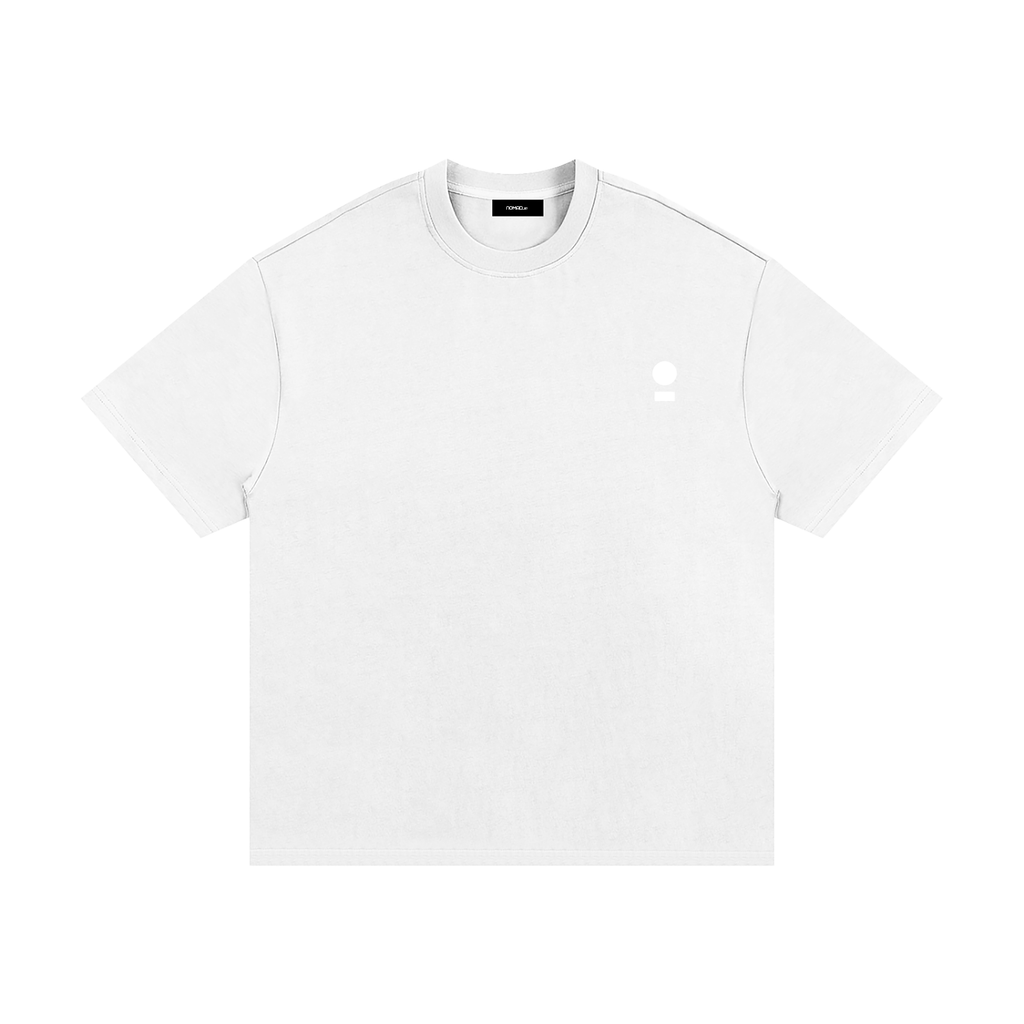 nomad_07 heavyweight white chalk t-shirt with minimalist world and path chest logo