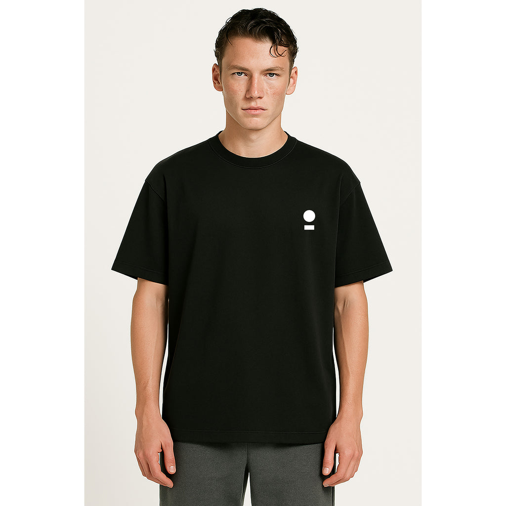 Model wear nomad_07 heavyweight black onyx t-shirt with white world and path chest logo